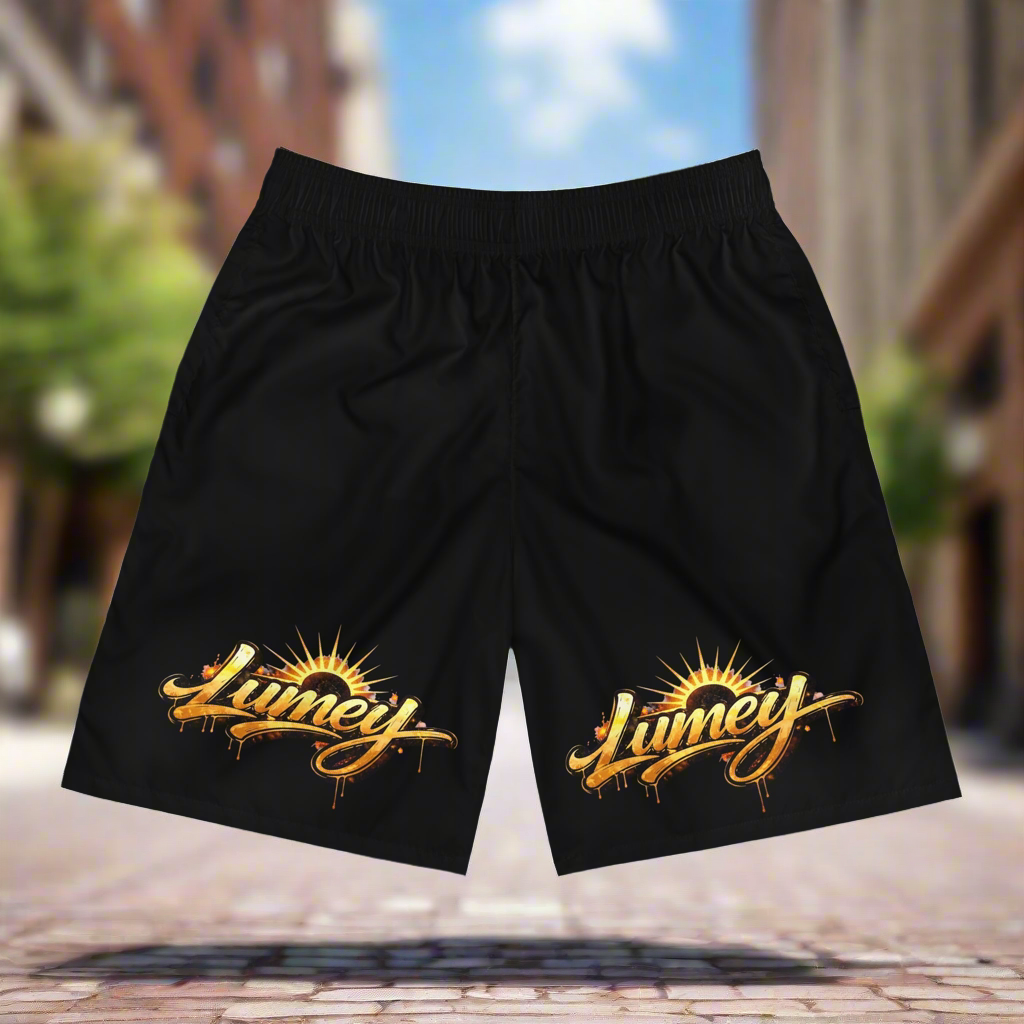 Gold Script Logo Jogger Shorts — Men's Black Athletic Shorts with 'Lumej' Sunburst Design